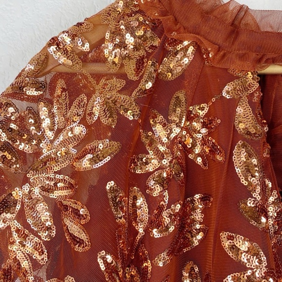 Anthropologie Copper Sequin Embroidered Blouse, Tie Back, Size S - Picture 3 of 10